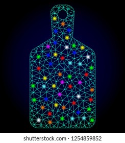 Glossy polygonal mesh cutting board icon with glare effect on a dark background. Carcass cutting board iconic vector with glitter multi colored points for Christmas purposes.
