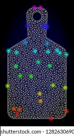 Glossy polygonal mesh cutting board icon with glow effect on a dark background. Carcass cutting board iconic vector with illuminated multi colored dots in spectrum colors. Abstract white mesh lines,