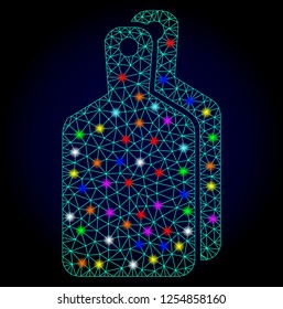 Glossy polygonal mesh cutting boards icon with glow effect on a dark background. Carcass cutting boards iconic vector with glowing multi colored points for Christmas illustrations.