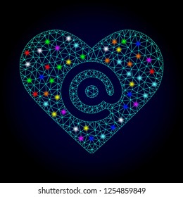 Glossy polygonal mesh dating heart address icon with glare effect on a dark background. Carcass dating heart address iconic vector with flash multicolored spheres for New Year posters.