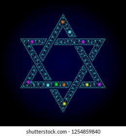 Glossy polygonal mesh david star icon with glare effect on a dark background. Carcass david star iconic vector with glamour multi colored spheres for Christmas posters. Abstract light blue mesh lines,
