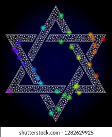 Glossy polygonal mesh david star icon with glare effect on a dark background. Carcass david star iconic vector with glowing multi colored points in rainbow colors. Abstract white mesh lines,