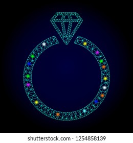 Glossy polygonal mesh diamond ring icon with glare effect on a dark background. Carcass diamond ring iconic vector with flash multi colored spheres for Christmas purposes.