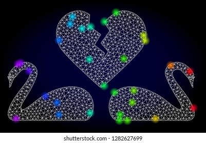 Glossy polygonal mesh divorce swans icon with glare effect on a dark background. Carcass divorce swans iconic vector with glowing multicolored spheres in rainbow colors. Abstract white mesh lines,