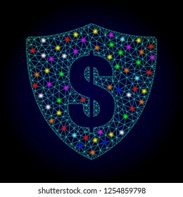 Glossy polygonal mesh dollar shield icon with glow effect on a dark background. Carcass dollar shield iconic vector with glitter multi colored dots for Christmas illustrations.