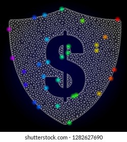 Glossy polygonal mesh dollar shield icon with glare effect on a dark background. Carcass dollar shield iconic vector with glowing multi colored dots in spectrum colors. Abstract white mesh lines,