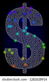 Glossy polygonal mesh dollar symbol icon with glare effect on a dark background. Carcass dollar symbol iconic vector with flash multi colored spheres in spectrum colors. Abstract white mesh lines,