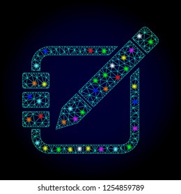 Glossy polygonal mesh edit records icon with glare effect on a dark background. Carcass edit records iconic vector with glamour colorful spheres for New Year templates. Abstract light blue mesh lines,
