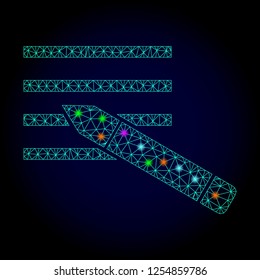 Glossy polygonal mesh edit text icon with glow effect on a dark background. Carcass edit text iconic vector with illuminated colorful dots for New Year purposes. Abstract light blue mesh lines,