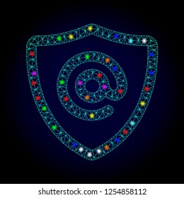 Glossy polygonal mesh email address protection icon with glare effect on a dark background. Carcass email address protection iconic vector with glamour multi colored dots for Christmas posters.