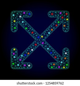 Glossy polygonal mesh enlarge arrows icon with glow effect on a dark background. Carcass enlarge arrows iconic vector with flash multi colored spheres for New Year illustrations.