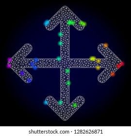 Glossy polygonal mesh expand arrows icon with glare effect on a dark background. Carcass expand arrows iconic vector with glamour multi colored dots in spectrum colors. Abstract white mesh lines,