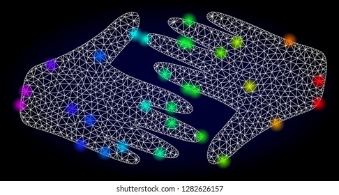Glossy polygonal mesh fair trade handshake icon with glow effect on a dark background. Carcass fair trade handshake iconic vector with flash multi colored dots in rainbow colors.