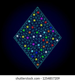 Glossy polygonal mesh filled rhombus icon with glare effect on a dark background. Carcass filled rhombus iconic vector with flash multi colored spheres for Christmas posters.