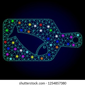 Glossy polygonal mesh fish cutting board icon with glare effect on a dark background. Carcass fish cutting board iconic vector with illuminated colorful points for Christmas purposes.