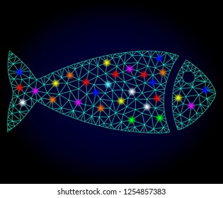 Glossy polygonal mesh fish icon with glare effect on a dark background. Carcass fish iconic vector with glowing colorful spheres for New Year illustrations. Abstract light blue mesh lines, triangles,