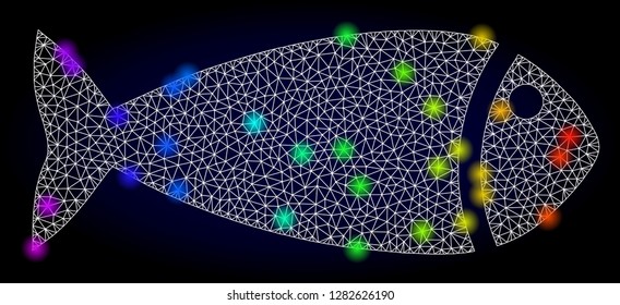 Glossy polygonal mesh fish icon with glare effect on a dark background. Carcass fish iconic vector with glamour colorful dots in spectrum colors. Abstract white mesh lines,