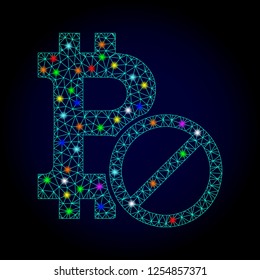 Glossy polygonal mesh forbidden bitcoin icon with glow effect on a dark background. Carcass forbidden bitcoin iconic vector with glowing multicolored points for New Year purposes.