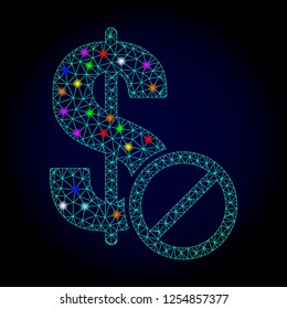 Glossy polygonal mesh forbidden dollar icon with glow effect on a dark background. Carcass forbidden dollar iconic vector with illuminated multi colored dots for New Year purposes.
