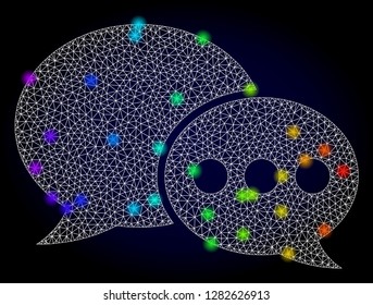 Glossy polygonal mesh forum messages icon with glow effect on a dark background. Carcass forum messages iconic vector with illuminated colorful points in rainbow colors. Abstract white mesh lines,