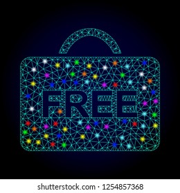 Glossy polygonal mesh free case icon with glare effect on a dark background. Carcass free case iconic vector with flash multi colored points for New Year purposes. Abstract light blue mesh lines,