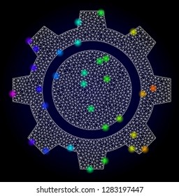 Glossy polygonal mesh gear wheel icon with glare effect on a dark background. Carcass gear wheel iconic vector with glowing multi colored dots in rainbow colors. Abstract white mesh lines,