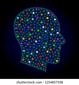 Glossy polygonal mesh gentleman profile icon with glare effect on a dark background. Carcass gentleman profile iconic vector with glowing multi colored dots for Christmas illustrations.