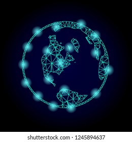 Glossy polygonal mesh global map of world with glare effect. Abstract mesh lines, triangles, light spots and points on dark background with global map of world.