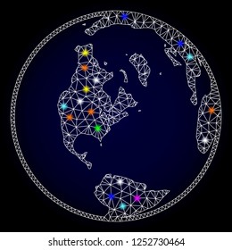 Glossy polygonal mesh global map of world with glare effect. Vector carcass global map of world with glowing multi colored spheres for Christmas purposes. White mesh lines. Dark blue background.