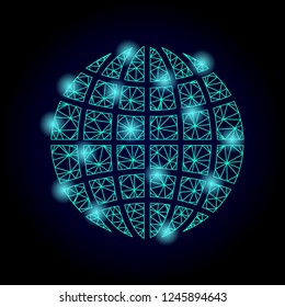 Glossy polygonal mesh globe with glare effect. Abstract mesh lines, triangles, light spots and points on dark background with globe.