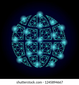 Glossy polygonal mesh globe with glare effect. Abstract mesh lines, triangles, light spots and points on dark background with globe.
