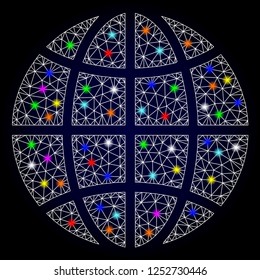 Glossy polygonal mesh globe with glow effect. Vector carcass globe with glowing multi colored spheres for Christmas illustrations. White mesh lines. Dark blue background. Constellation effect.