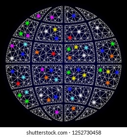 Glossy polygonal mesh globe with glow effect. Vector carcass globe with glowing multi colored points for New Year purposes. White mesh lines. Dark blue background. Constellation effect.