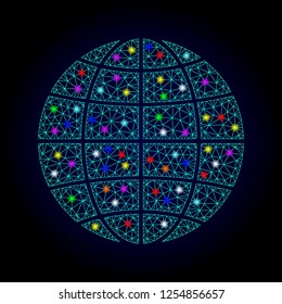 Glossy polygonal mesh globe icon with glare effect on a dark background. Carcass globe iconic vector with glitter multi colored dots for Christmas posters. Abstract light blue mesh lines, triangles,