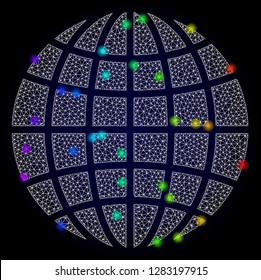 Glossy polygonal mesh globe icon with glare effect on a dark background. Carcass globe iconic vector with illuminated multi colored dots in spectrum colors. Abstract white mesh lines,