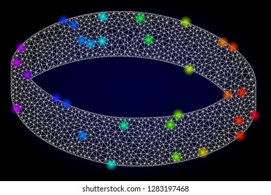 Glossy polygonal mesh gold ring icon with glare effect on a dark background. Carcass gold ring iconic vector with glowing multi colored dots in rainbow colors. Abstract white mesh lines,