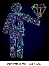 Glossy polygonal mesh groom diamond icon with glare effect on a dark background. Carcass groom diamond iconic vector with flash multi colored points in spectrum colors. Abstract white mesh lines,