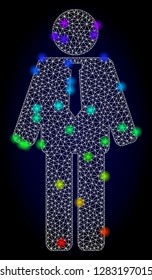 Glossy polygonal mesh groom icon with glare effect on a dark background. Carcass groom iconic vector with glowing colorful dots in rainbow colors. Abstract white mesh lines,