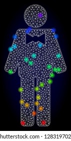 Glossy polygonal mesh groom icon with glare effect on a dark background. Carcass groom iconic vector with illuminated multicolored points in rainbow colors. Abstract white mesh lines,
