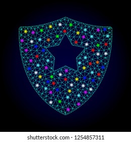 Glossy polygonal mesh guard shield icon with glow effect on a dark background. Carcass guard shield iconic vector with flash multi colored points for Christmas illustrations.