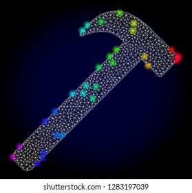 Glossy polygonal mesh hammer tool icon with glare effect on a dark background. Carcass hammer tool iconic vector with glitter multi colored points in rainbow colors. Abstract white mesh lines,