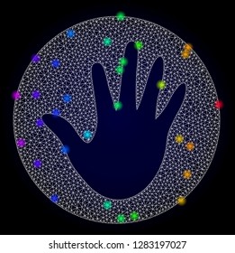 Glossy polygonal mesh hand circle icon with glare effect on a dark background. Carcass hand circle iconic vector with glamour multicolored dots in rainbow colors. Abstract white mesh lines,