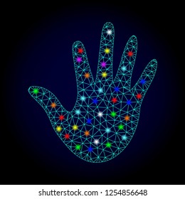 Glossy polygonal mesh hand icon with glow effect on a dark background. Carcass hand iconic vector with flash multi colored points for New Year posters. Abstract light blue mesh lines, triangles,