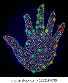 Glossy polygonal mesh hand icon with glare effect on a dark background. Carcass hand iconic vector with glamour multi colored dots in spectrum colors. Abstract white mesh lines,