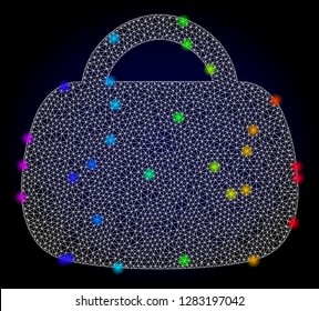 Glossy polygonal mesh handbag icon with glow effect on a dark background. Carcass handbag iconic vector with glitter multi colored spheres in spectrum colors. Abstract white mesh lines,