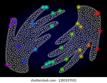 Glossy polygonal mesh hands icon with glow effect on a dark background. Carcass hands iconic vector with flash multi colored points in rainbow colors. Abstract white mesh lines,