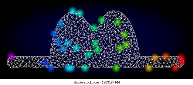 Glossy polygonal mesh hat icon with glare effect on a dark background. Carcass hat iconic vector with glowing multi colored points in rainbow colors. Abstract white mesh lines,