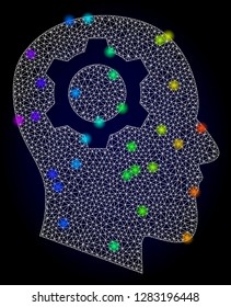 Glossy polygonal mesh head gear icon with glow effect on a dark background. Carcass head gear iconic vector with illuminated multi colored spheres in rainbow colors. Abstract white mesh lines,