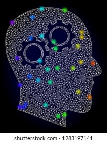 Glossy polygonal mesh head gears icon with glow effect on a dark background. Carcass head gears iconic vector with illuminated multi colored points in rainbow colors. Abstract white mesh lines,