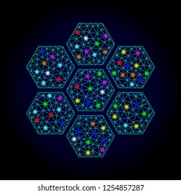 Glossy polygonal mesh honeycombs icon with glare effect on a dark background. Carcass honeycombs iconic vector with glamour multi colored spheres for Christmas illustrations.